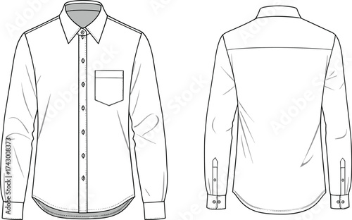 Men’s button up shirt flat sketch, vector fashion illustration, CAD garment drawing, long sleeve collared shirt, chest pocket apparel template