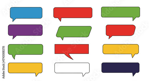 Twelve colorful speech bubbles are organized in a gridlike arrangement against a white background