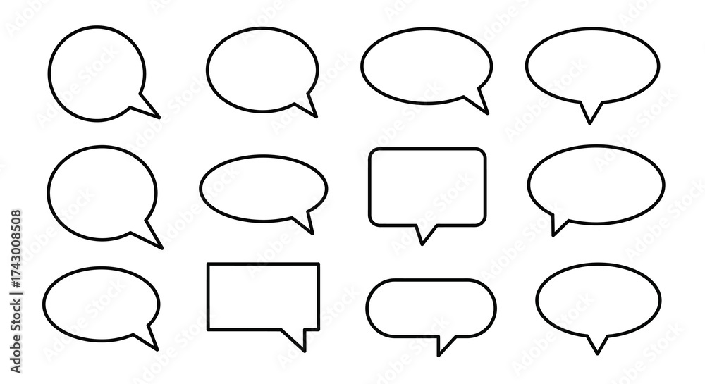 Obraz premium Twelve speech bubbles of different shapes arranged in three rows on a white background