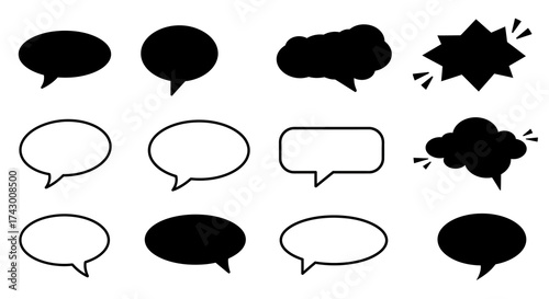 Twelve speech bubbles in black varying from rounded spiky and cloudshaped on a white background