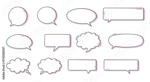 Twelve speech bubbles in assorted shapes with outlines and subtle drop shadows arranged on a white background