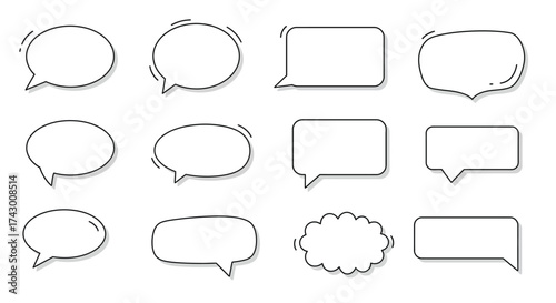 Twelve speech bubbles of various shapes and sizes arranged in a grid pattern on a white background