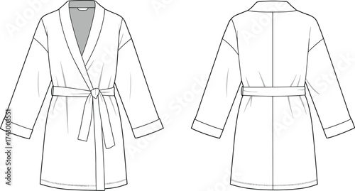 Bathrobe flat sketch, vector fashion illustration, CAD garment drawing, shawl collar robe design, belted waist template, long sleeve apparel design