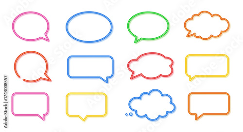 Varied neonoutlined speech bubbles  cloud icons are arranged in a grid pattern on a white background