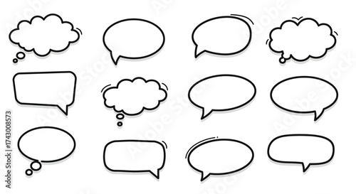 Various stylized speech bubbles arranged in a grid pattern with thick black outlines on a white background