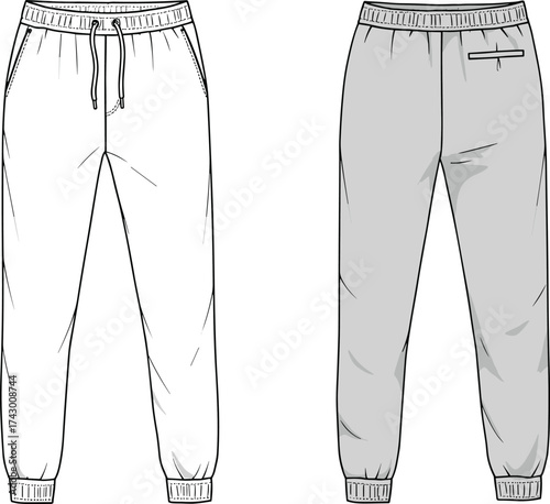 Jogger pants flat sketch, vector fashion illustration, CAD apparel drawing, elastic waistband drawstring, tapered leg design, technical garment template