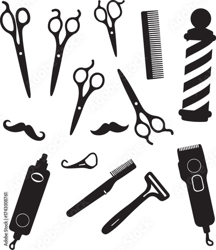 Barber shop tools and mustache icons black silhouette