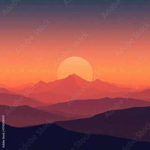 Majestic Sunset Over Mountain Range: The sun dips below a majestic mountain range, painting the sky with fiery hues of orange and purple in this breathtaking landscape.