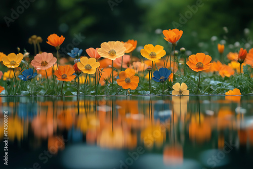 Vibrant Flowers Reflecting in Water