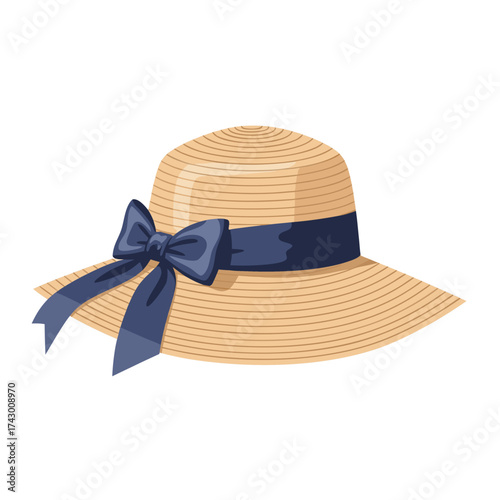 Straw hat with blue ribbon