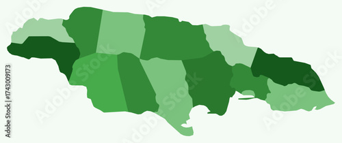 Map of Jamaica with regions. Just a simple country border map with region division. Green color palette. Blank Jamaica shape with administrative division. Vector illustration.