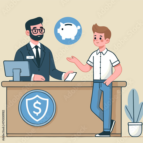 Flat illustration of a bank teller serving a customer making a deposit