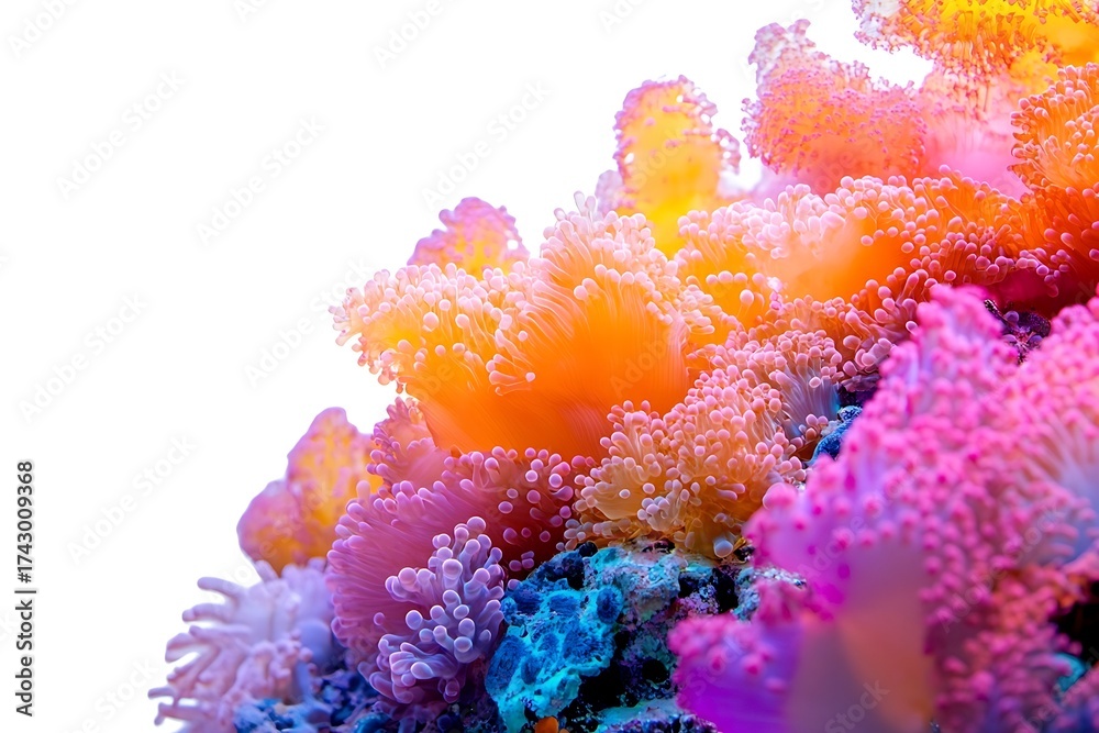 Fototapeta premium Vibrant Bubble Tip Anemone Colony Thriving on Turquoise Coral Reef Rockscape Detail