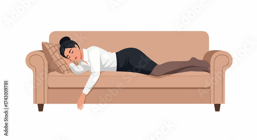 A woman in business attire is lying down on a beige couch, appearing to be asleep or resting.