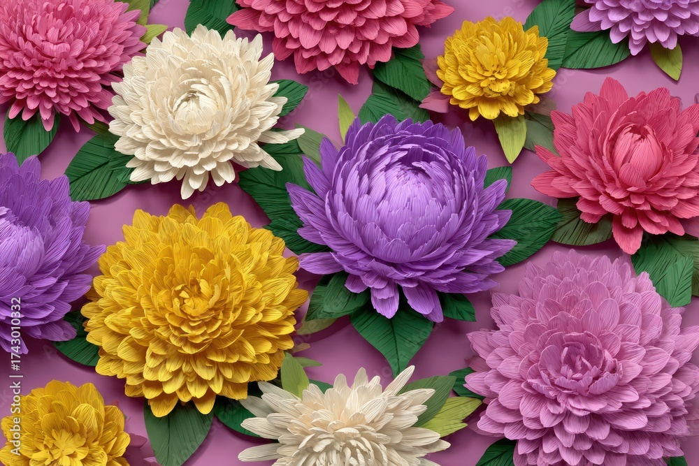 Obraz premium Vibrant floral arrangement features various paper-cut blooms on a pink surface
