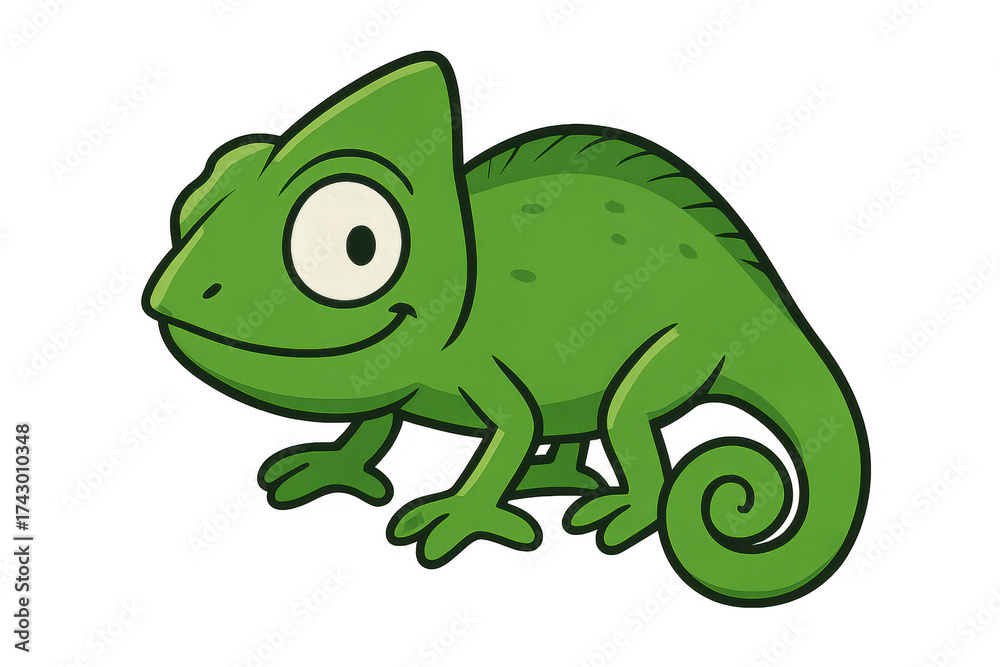 Obraz premium Green cartoon chameleon character smiling on transparent background