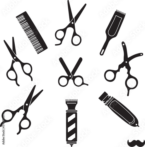 Black barber tools and mustache silhouette scissors