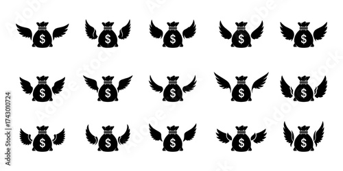 Money with wings icon set vector illustration, flying dollar bag silhouette symbol of fast cash flow, loss, finance, business investment, banking, wealth, and saving concept in black and white design.