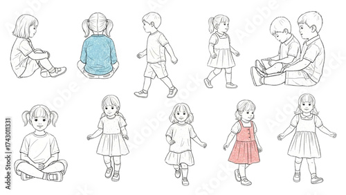 CAD Drawings Set – People Outlines Walking, Standing, Isolated on White Background Vector Illustration AI EPS PNG