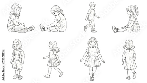 CAD Drawings Set – People Outlines Walking, Standing, Isolated on White Background Vector Illustration AI EPS PNG