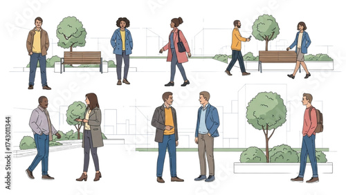 CAD Drawings Set – People Outlines Walking, Standing, Isolated on White Background Vector Illustration AI EPS PNG
