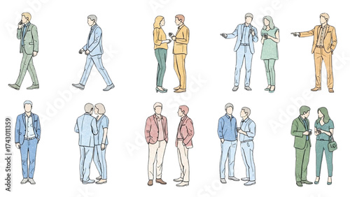 CAD Drawings Set – People Outlines Walking, Standing, Isolated on White Background Vector Illustration AI EPS PNG
