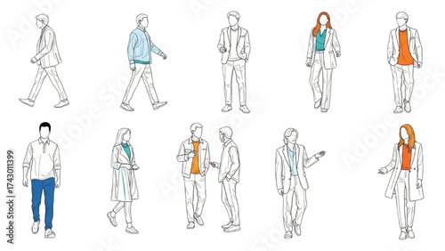 CAD Drawings Set – People Outlines Walking, Standing, Isolated on White Background Vector Illustration AI EPS PNG