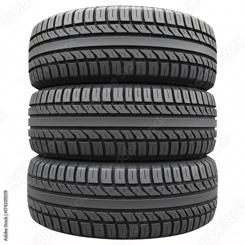 Stack of three car tires with visible tread patterns against a white background.