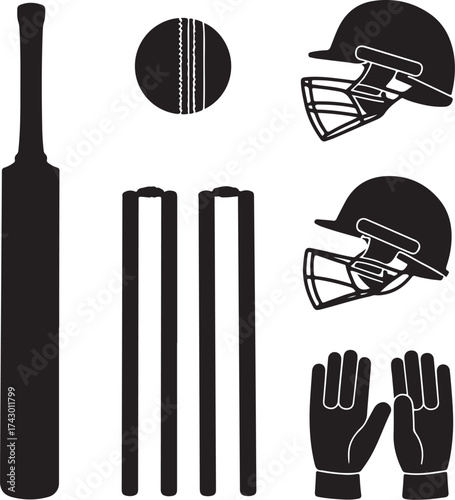 Black silhouette cricket equipment collection on white