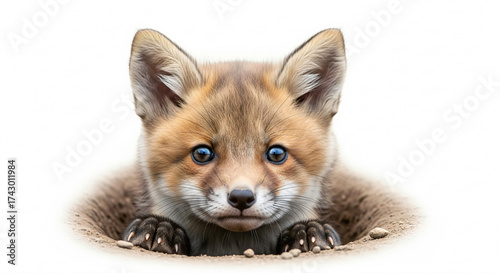 Young fox peeking out from a burrow with blue eyes and perked ears, surrounded by sandy ground.