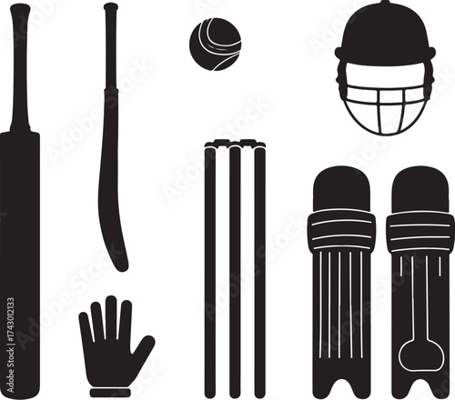 Black silhouette cricket equipment on white background