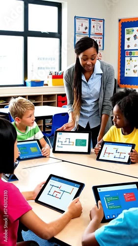 Diverse elementary students learn coding with a female teacher using tablets in a modern classroom promoting STEM education and digital literacy