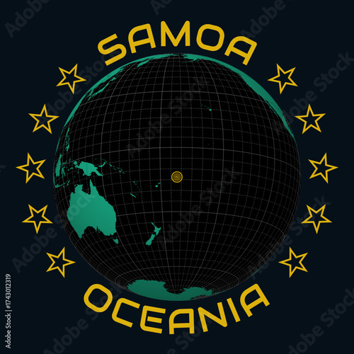 Independent State of Samoa on Globe. Round country and continent name text. Country view on world map in Black Emerald color palette. Samoa shape on map. Stylish vector illustration.