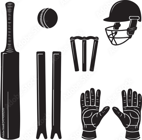 Black silhouette cricket equipment on white background