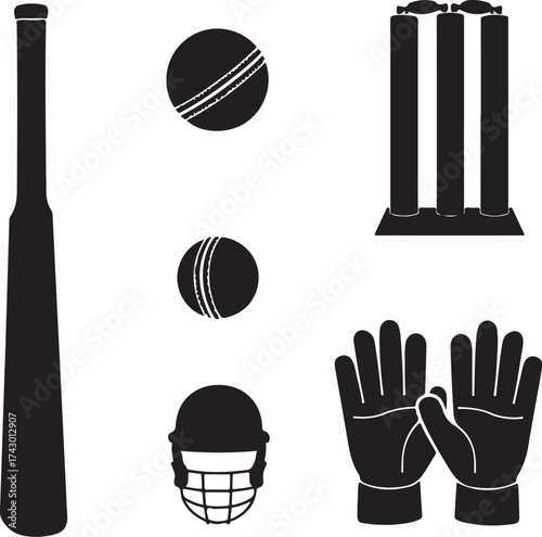 Black silhouette cricket equipment on white background