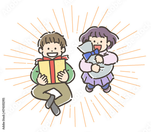 プレゼントをもらって喜ぶ男の子と女の子