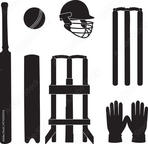 Black silhouette cricket equipment on white background