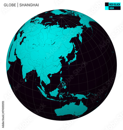 Vector Globe centered to Shanghai. Rich Black Aqua palette. World map with meridians, parallels, countries, rivers and lakes. Charming vector illustration.