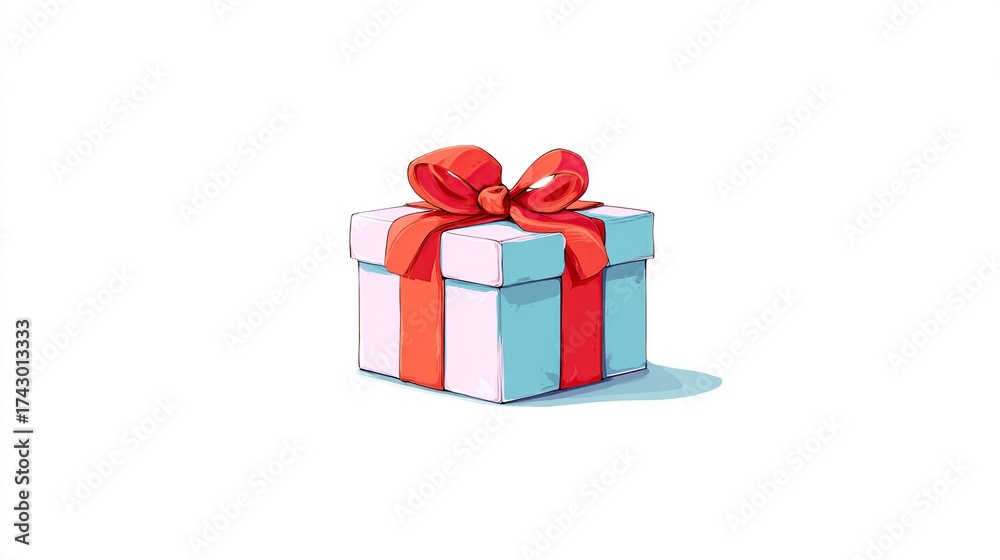 Obraz premium A brightly colored gift box illustration, featuring a red ribbon tied into a bow atop a square white container