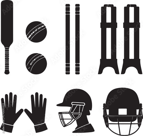 Black silhouette cricket equipment set on white background