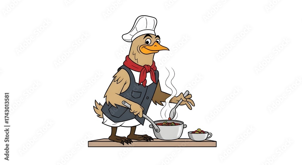 Naklejka premium Cartoon duck chef mascot cooking a meal in a steaming pot isolated PNG with Transparent Background