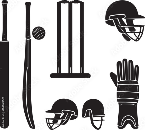 Black silhouette cricket equipment set on white background