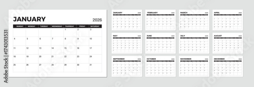 2026 Calendar Dairy. 2026 Monthly Planner Printable. Black and White Template. Wall Calendar. Week Start on Sunday