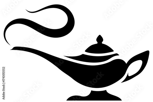 Arabic genie lamp. Black silhouette of a magic oil lamp isolated on a white background. Vector illustration