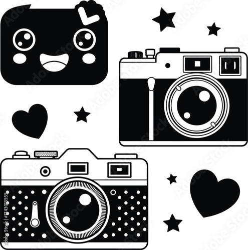 Three cameras with hearts and stars in a black and white graphic design on a white background silhouette