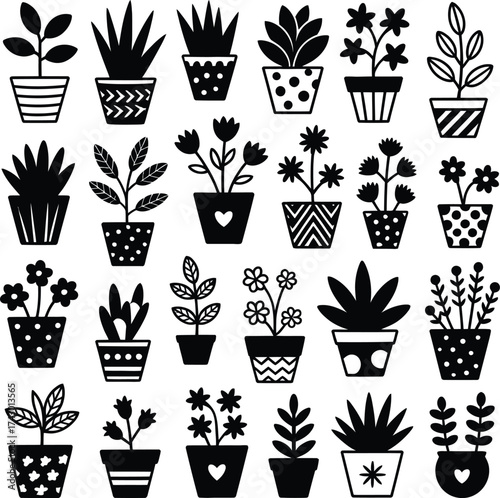 A collection of twenty four potted plants in black and white vector illustration design style art silhouette