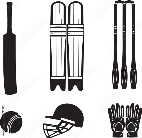 Black silhouette cricket equipment set on white background