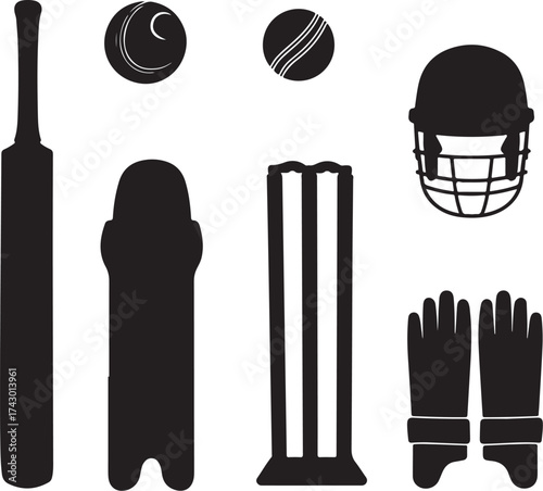 Black silhouettes of cricket equipment on white background