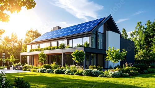 Wallpaper Mural Modern House with Solar Panels on Sunny Day with EcoFriendly Home, and Renewable Energy Concept. Torontodigital.ca