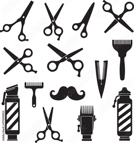 Collection of black barber shop icons and tools scissors